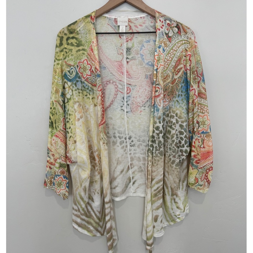 Chicos Paisley Animal Print Open Front Cardigan Lightweight Sheer Knit L Size 2